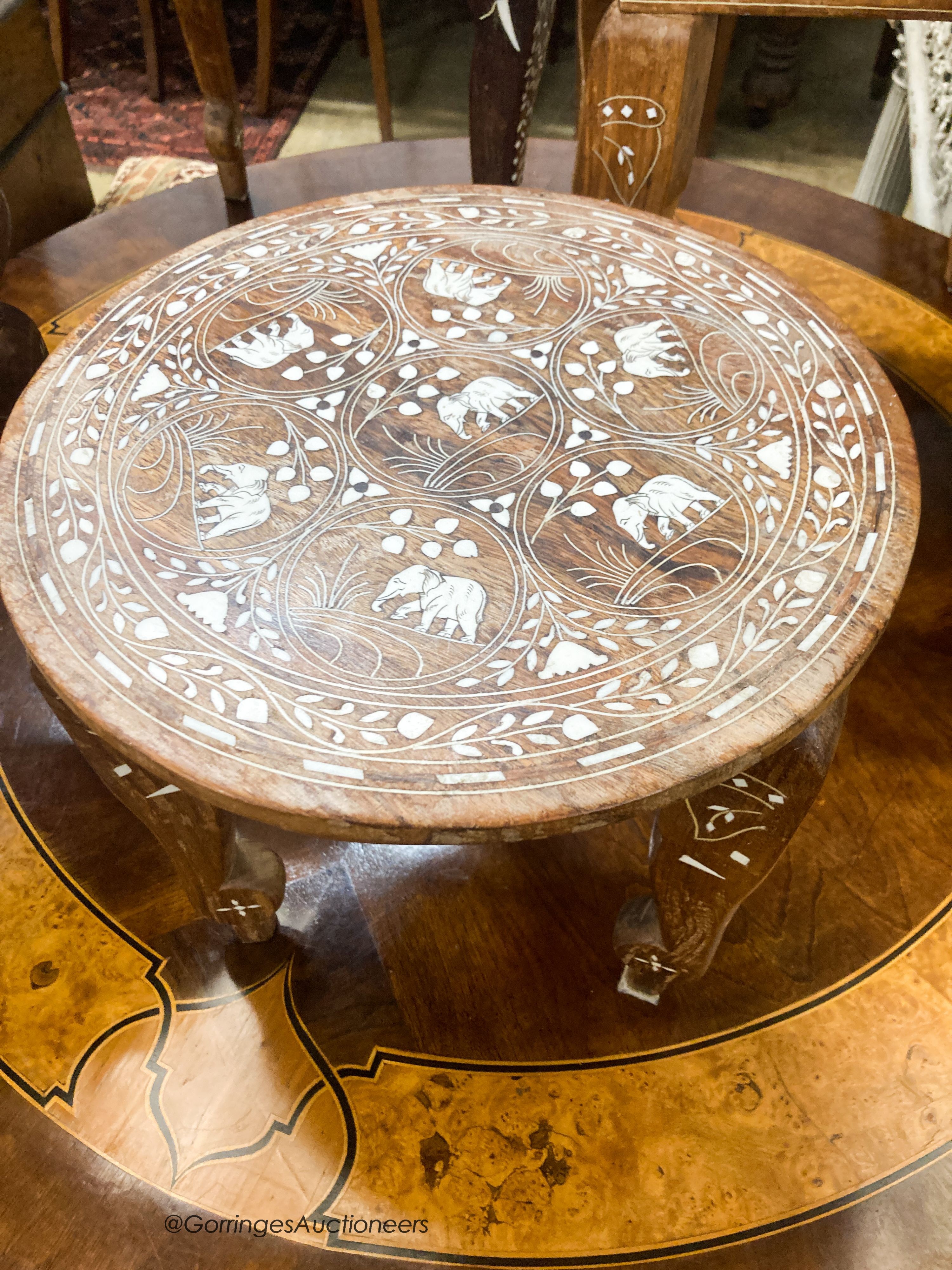 Four Indian inlaid circular occasional tables, largest W.45cm H.46cm